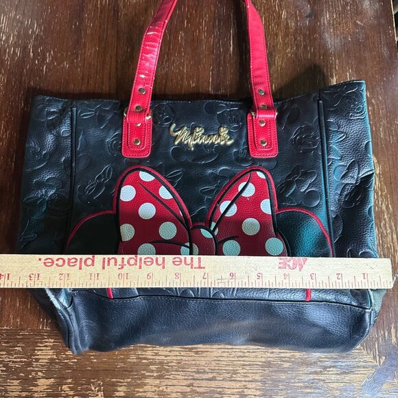 Loungefly Disney Minnie Mouse Tote Bag Embossed Black Faux Leather Polka Dot Bow - Picture 12 of 13